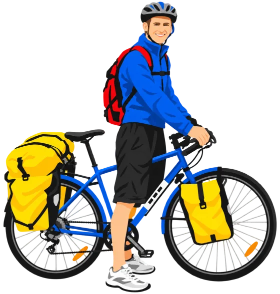 Illustration of a touring cyclist with four loaded panniers